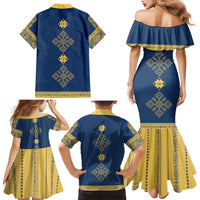 Latvia Jani Midsummer Family Matching Mermaid Dress and Hawaiian Shirt Blue Gold Latvijas Auseklis