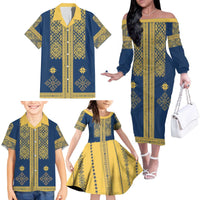 Latvia Jani Midsummer Family Matching Off The Shoulder Long Sleeve Dress and Hawaiian Shirt Blue Gold Latvijas Auseklis