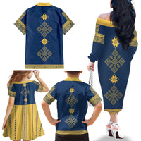 Latvia Jani Midsummer Family Matching Off The Shoulder Long Sleeve Dress and Hawaiian Shirt Blue Gold Latvijas Auseklis