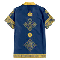 Latvia Jani Midsummer Family Matching Off The Shoulder Long Sleeve Dress and Hawaiian Shirt Blue Gold Latvijas Auseklis