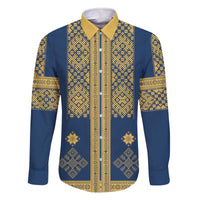 Latvia Jani Midsummer Family Matching Off The Shoulder Long Sleeve Dress and Hawaiian Shirt Blue Gold Latvijas Auseklis