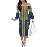 Latvia Jani Midsummer Family Matching Off The Shoulder Long Sleeve Dress and Hawaiian Shirt Blue Gold Latvijas Auseklis