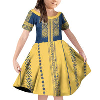 Latvia Jani Midsummer Family Matching Off Shoulder Short Dress and Hawaiian Shirt Blue Gold Latvijas Auseklis