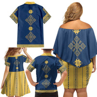 Latvia Jani Midsummer Family Matching Off Shoulder Short Dress and Hawaiian Shirt Blue Gold Latvijas Auseklis