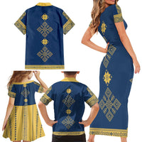 Latvia Jani Midsummer Family Matching Short Sleeve Bodycon Dress and Hawaiian Shirt Blue Gold Latvijas Auseklis