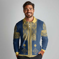 Latvia Jani Midsummer Long Sleeve Polo Shirt Blue Gold Latvijas Auseklis