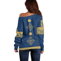 Latvia Jani Midsummer Off Shoulder Sweater Blue Gold Latvijas Auseklis