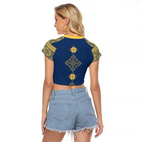 Latvia Jani Midsummer Raglan Cropped T Shirt Blue Gold Latvijas Auseklis