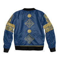 Latvia Jani Midsummer Sleeve Zip Bomber Jacket Blue Gold Latvijas Auseklis