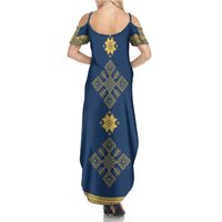 Latvia Jani Midsummer Summer Maxi Dress Blue Gold Latvijas Auseklis
