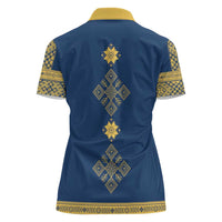 Latvia Jani Midsummer Women Polo Shirt Blue Gold Latvijas Auseklis