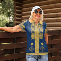 Latvia Jani Midsummer Women Polo Shirt Blue Gold Latvijas Auseklis