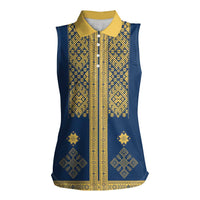 Latvia Jani Midsummer Women Sleeveless Polo Shirt Blue Gold Latvijas Auseklis