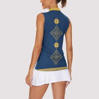 Latvia Jani Midsummer Women Sleeveless Polo Shirt Blue Gold Latvijas Auseklis