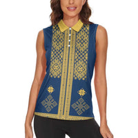 Latvia Jani Midsummer Women Sleeveless Polo Shirt Blue Gold Latvijas Auseklis