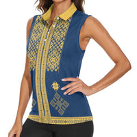 Latvia Jani Midsummer Women Sleeveless Polo Shirt Blue Gold Latvijas Auseklis