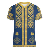 Latvia Jani Midsummer Women V-Neck T-Shirt Blue Gold Latvijas Auseklis