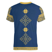 Latvia Jani Midsummer Women V-Neck T-Shirt Blue Gold Latvijas Auseklis