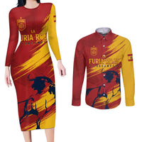 Spain La Furia Roja Custom Couples Matching Long Sleeve Bodycon Dress and Long Sleeve Button Shirt 2024 Tetracampeon Espana LT7 - Wonder Print Shop