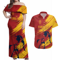 Spain La Furia Roja Custom Couples Matching Off Shoulder Maxi Dress and Hawaiian Shirt 2024 Tetracampeon Espana LT7 - Wonder Print Shop