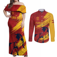Spain La Furia Roja Custom Couples Matching Off Shoulder Maxi Dress and Long Sleeve Button Shirt 2024 Tetracampeon Espana LT7 - Wonder Print Shop