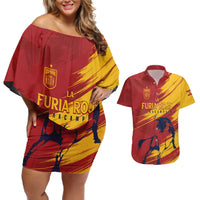 Spain La Furia Roja Custom Couples Matching Off Shoulder Short Dress and Hawaiian Shirt 2024 Tetracampeon Espana LT7 - Wonder Print Shop