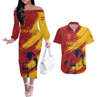 Spain La Furia Roja Custom Couples Matching Off The Shoulder Long Sleeve Dress and Hawaiian Shirt 2024 Tetracampeon Espana LT7 - Wonder Print Shop