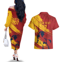 Spain La Furia Roja Custom Couples Matching Off The Shoulder Long Sleeve Dress and Hawaiian Shirt 2024 Tetracampeon Espana LT7 - Wonder Print Shop