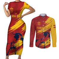 Spain La Furia Roja Custom Couples Matching Short Sleeve Bodycon Dress and Long Sleeve Button Shirt 2024 Tetracampeon Espana LT7 - Wonder Print Shop