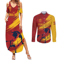 Spain La Furia Roja Custom Couples Matching Summer Maxi Dress and Long Sleeve Button Shirt 2024 Tetracampeon Espana LT7 - Wonder Print Shop
