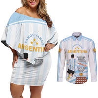 Argentina Campeones Custom Couples Matching Off Shoulder Short Dress and Long Sleeve Button Shirt Vamos Vamos Albiceleste LT7 - Wonder Print Shop