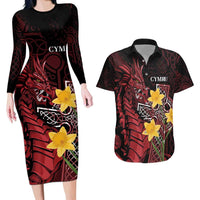 Wales Cymru Am Byth Couples Matching Long Sleeve Bodycon Dress and Hawaiian Shirt Welsh Dragon with Celtic Cross - Wonder Print Shop