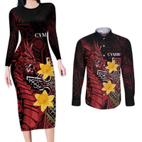 Wales Cymru Am Byth Couples Matching Long Sleeve Bodycon Dress and Long Sleeve Button Shirt Welsh Dragon with Celtic Cross - Wonder Print Shop