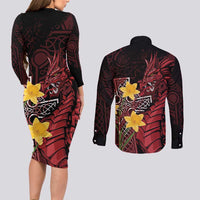 Wales Cymru Am Byth Couples Matching Long Sleeve Bodycon Dress and Long Sleeve Button Shirt Welsh Dragon with Celtic Cross - Wonder Print Shop
