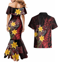 Wales Cymru Am Byth Couples Matching Mermaid Dress and Hawaiian Shirt Welsh Dragon with Celtic Cross - Wonder Print Shop