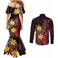 Wales Cymru Am Byth Couples Matching Mermaid Dress and Long Sleeve Button Shirt Welsh Dragon with Celtic Cross - Wonder Print Shop
