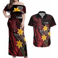 Wales Cymru Am Byth Couples Matching Off Shoulder Maxi Dress and Hawaiian Shirt Welsh Dragon with Celtic Cross - Wonder Print Shop