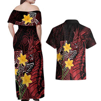 Wales Cymru Am Byth Couples Matching Off Shoulder Maxi Dress and Hawaiian Shirt Welsh Dragon with Celtic Cross - Wonder Print Shop