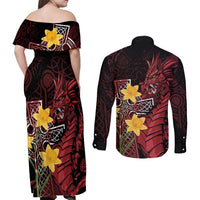 Wales Cymru Am Byth Couples Matching Off Shoulder Maxi Dress and Long Sleeve Button Shirt Welsh Dragon with Celtic Cross - Wonder Print Shop