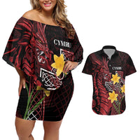 Wales Cymru Am Byth Couples Matching Off Shoulder Short Dress and Hawaiian Shirt Welsh Dragon with Celtic Cross - Wonder Print Shop