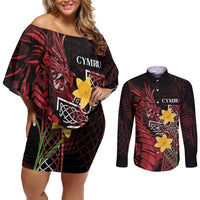 Wales Cymru Am Byth Couples Matching Off Shoulder Short Dress and Long Sleeve Button Shirt Welsh Dragon with Celtic Cross - Wonder Print Shop