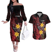 Wales Cymru Am Byth Couples Matching Off The Shoulder Long Sleeve Dress and Hawaiian Shirt Welsh Dragon with Celtic Cross - Wonder Print Shop