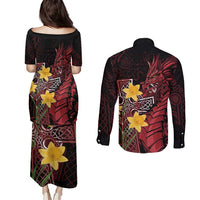 Wales Cymru Am Byth Couples Matching Puletasi and Long Sleeve Button Shirt Welsh Dragon with Celtic Cross - Wonder Print Shop