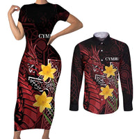 Wales Cymru Am Byth Couples Matching Short Sleeve Bodycon Dress and Long Sleeve Button Shirt Welsh Dragon with Celtic Cross - Wonder Print Shop