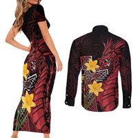 Wales Cymru Am Byth Couples Matching Short Sleeve Bodycon Dress and Long Sleeve Button Shirt Welsh Dragon with Celtic Cross - Wonder Print Shop