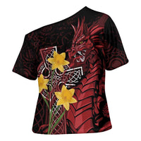 Wales Cymru Am Byth Cross Shoulder Shirt Welsh Dragon with Celtic Cross - Wonder Print Shop