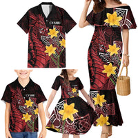Wales Cymru Am Byth Family Matching Mermaid Dress and Hawaiian Shirt Welsh Dragon with Celtic Cross - Wonder Print Shop