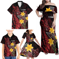 Wales Cymru Am Byth Family Matching Off Shoulder Maxi Dress and Hawaiian Shirt Welsh Dragon with Celtic Cross - Wonder Print Shop
