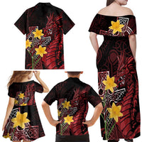 Wales Cymru Am Byth Family Matching Off Shoulder Maxi Dress and Hawaiian Shirt Welsh Dragon with Celtic Cross - Wonder Print Shop