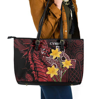 Wales Cymru Am Byth Leather Tote Bag Welsh Dragon with Celtic Cross - Wonder Print Shop